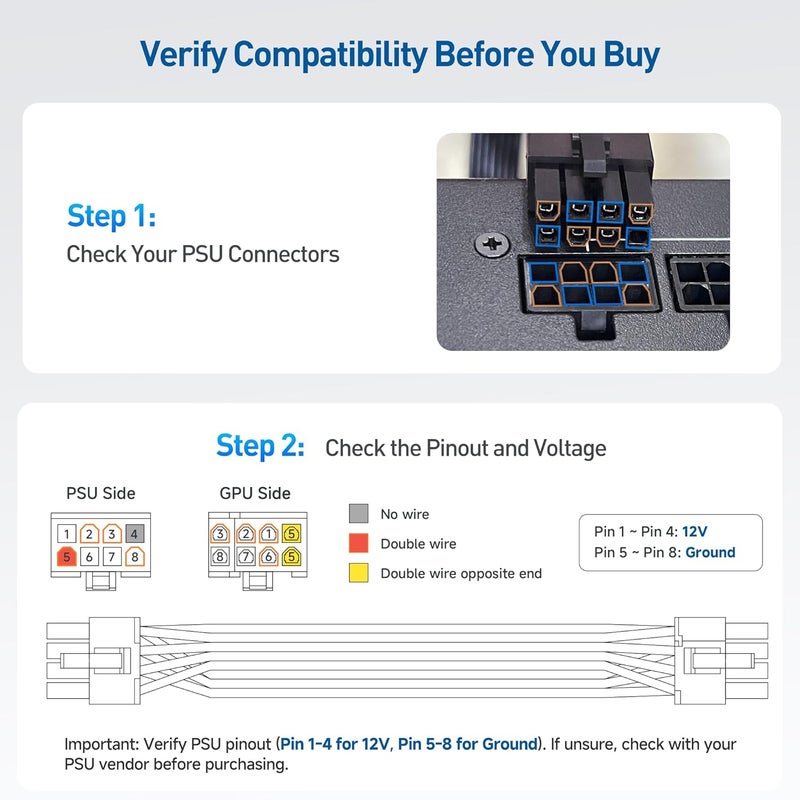 CableMatters كابل طاقة GPU 8 بن - 2 قدم، 8 بن PSU (EPS/ATX) ذكر إلى 6+2 بن PCIe/GPU ذكر، كابل طاقة بطاقة الرسوميات، متوافق مع Corsair Type 3 و Type 4، غير متوافق مع PSU من EVGA - Image 3